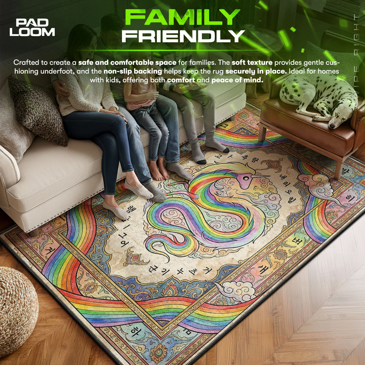 Lady area rug showing full home decor artwork