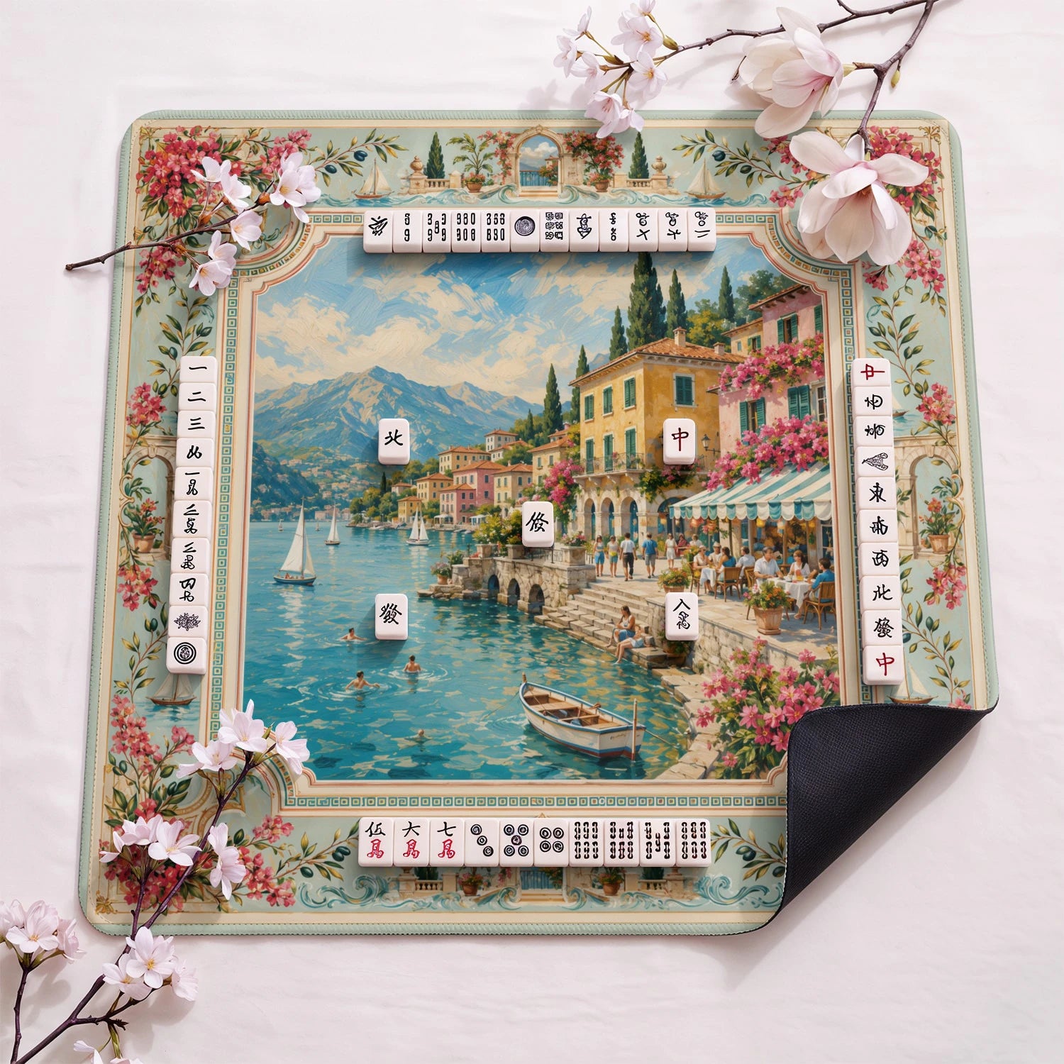 Lake Como design close-up on mahjong mat surface