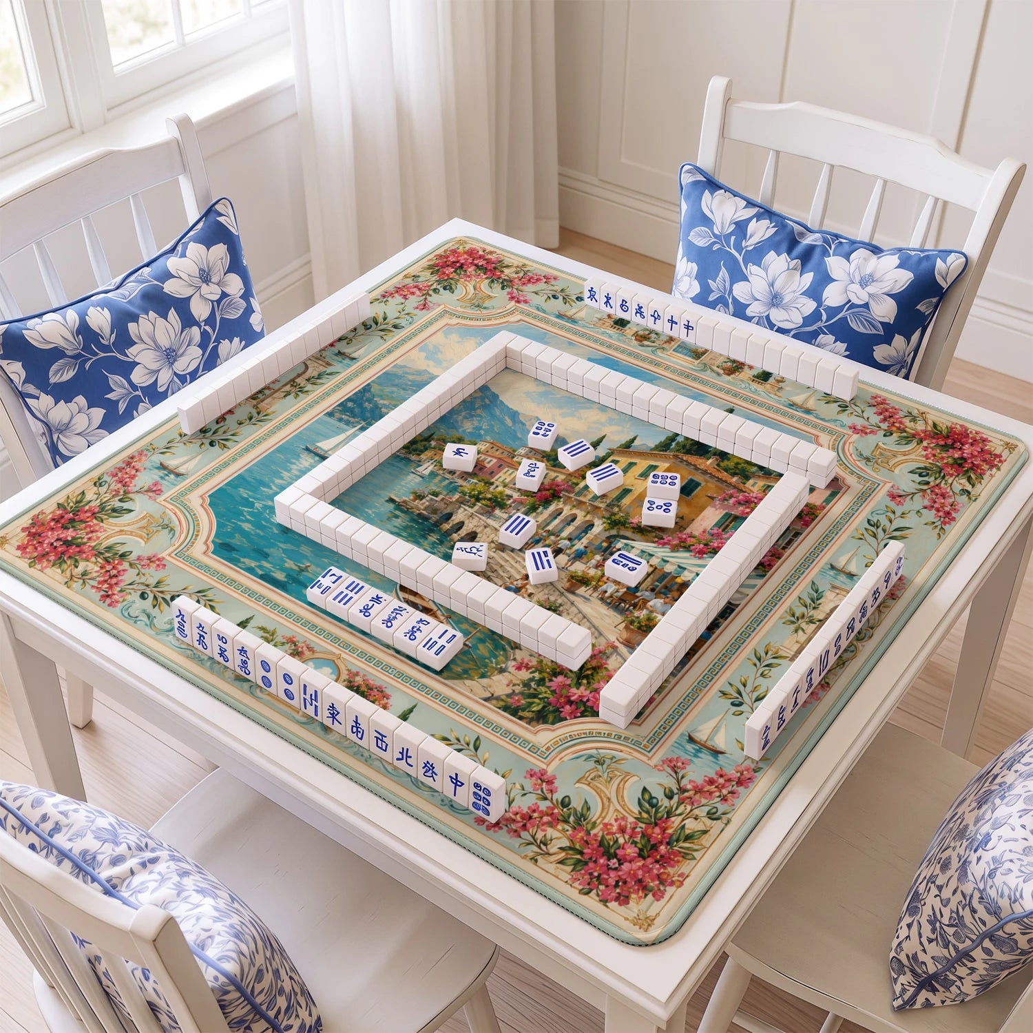 Lake Como mahjong mat with tiles and racks on the table