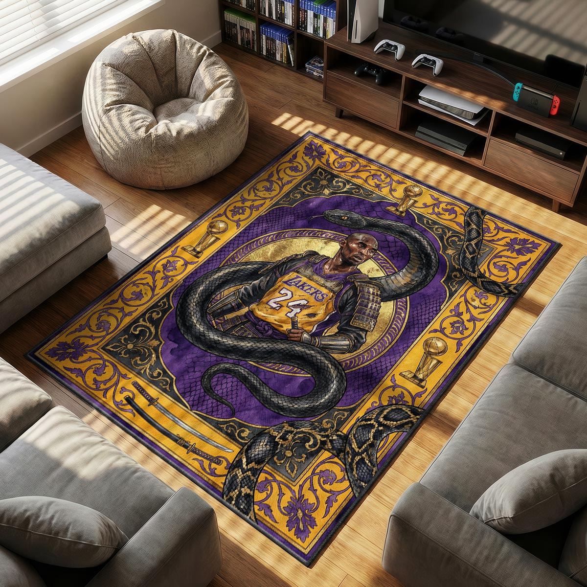 Lakers Black themed area rug for home decor fans