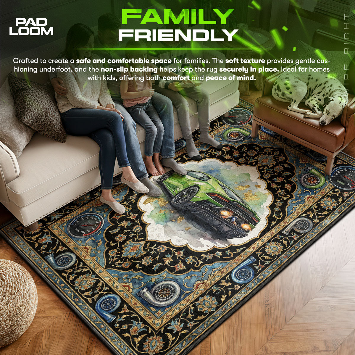 Lamborghini area rug showing full home decor artwork