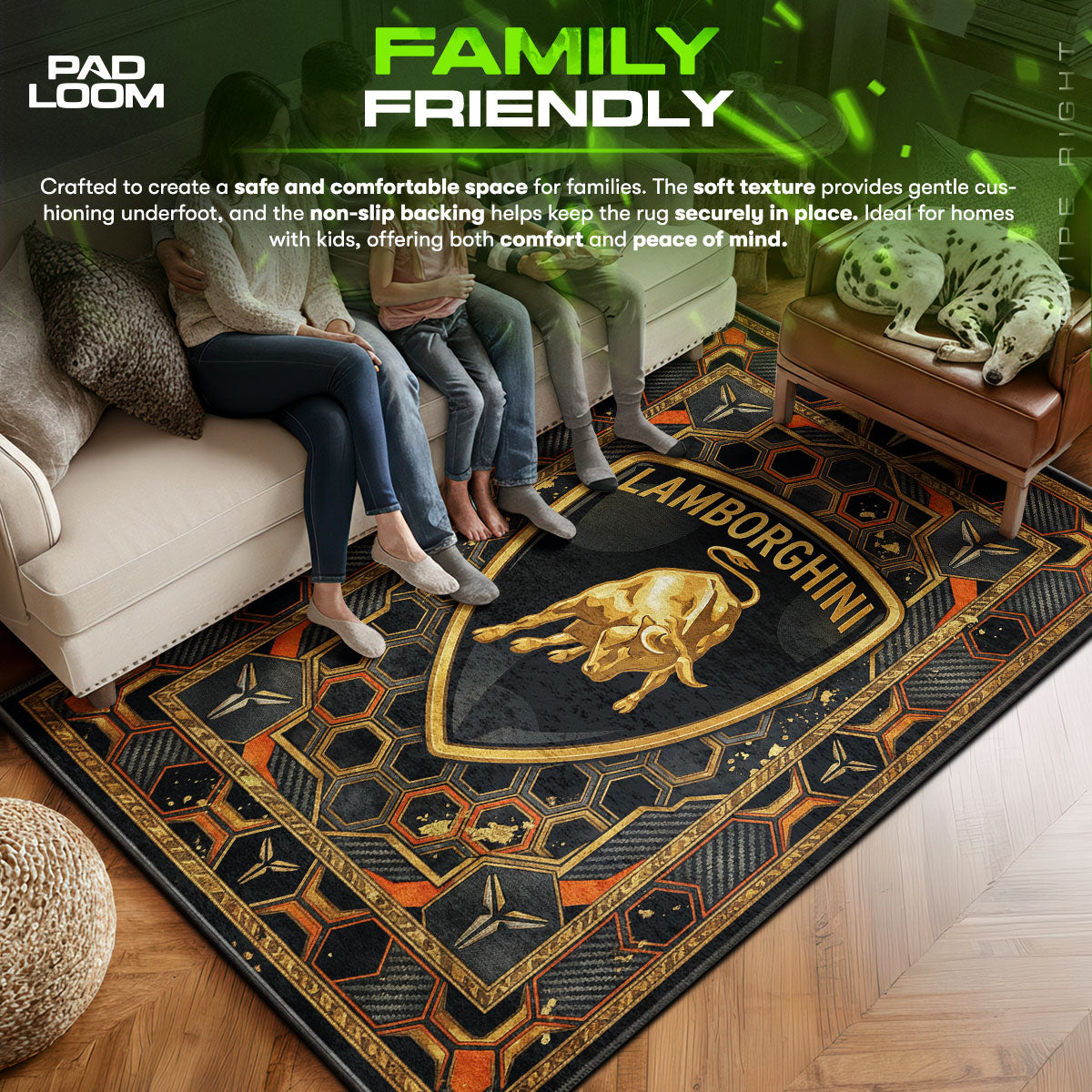 Lamborghini area rug showing full home decor artwork