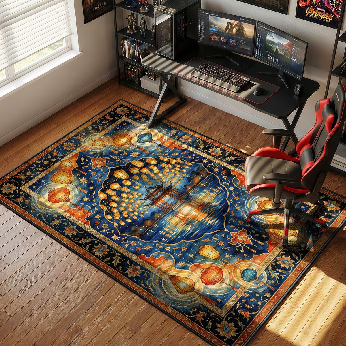 Asian lantern rug placed in a living room with warm pendant lighting and dark wood furniture
