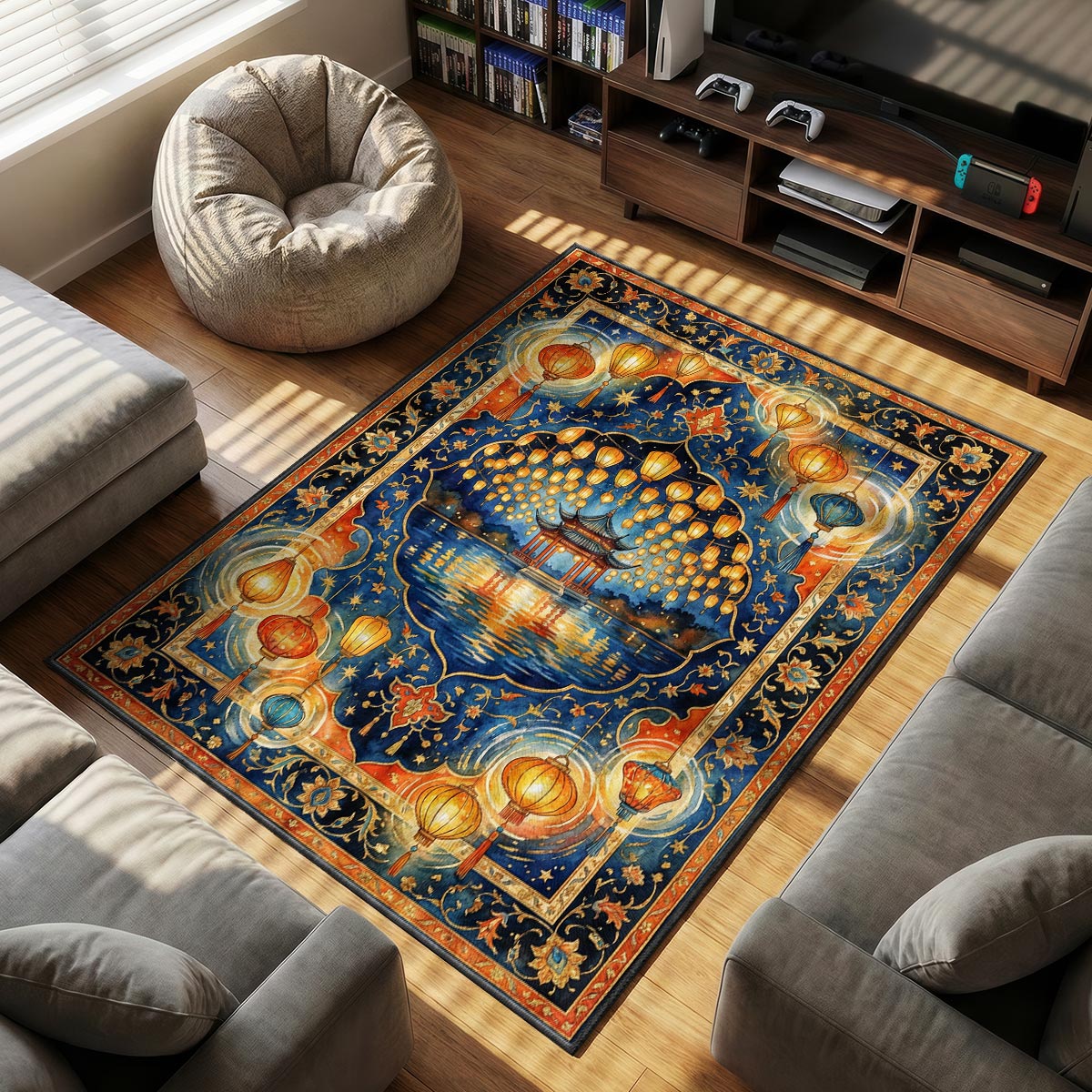 Close-up of lantern festival rug showing warm orange glow detail on velvet surface texture