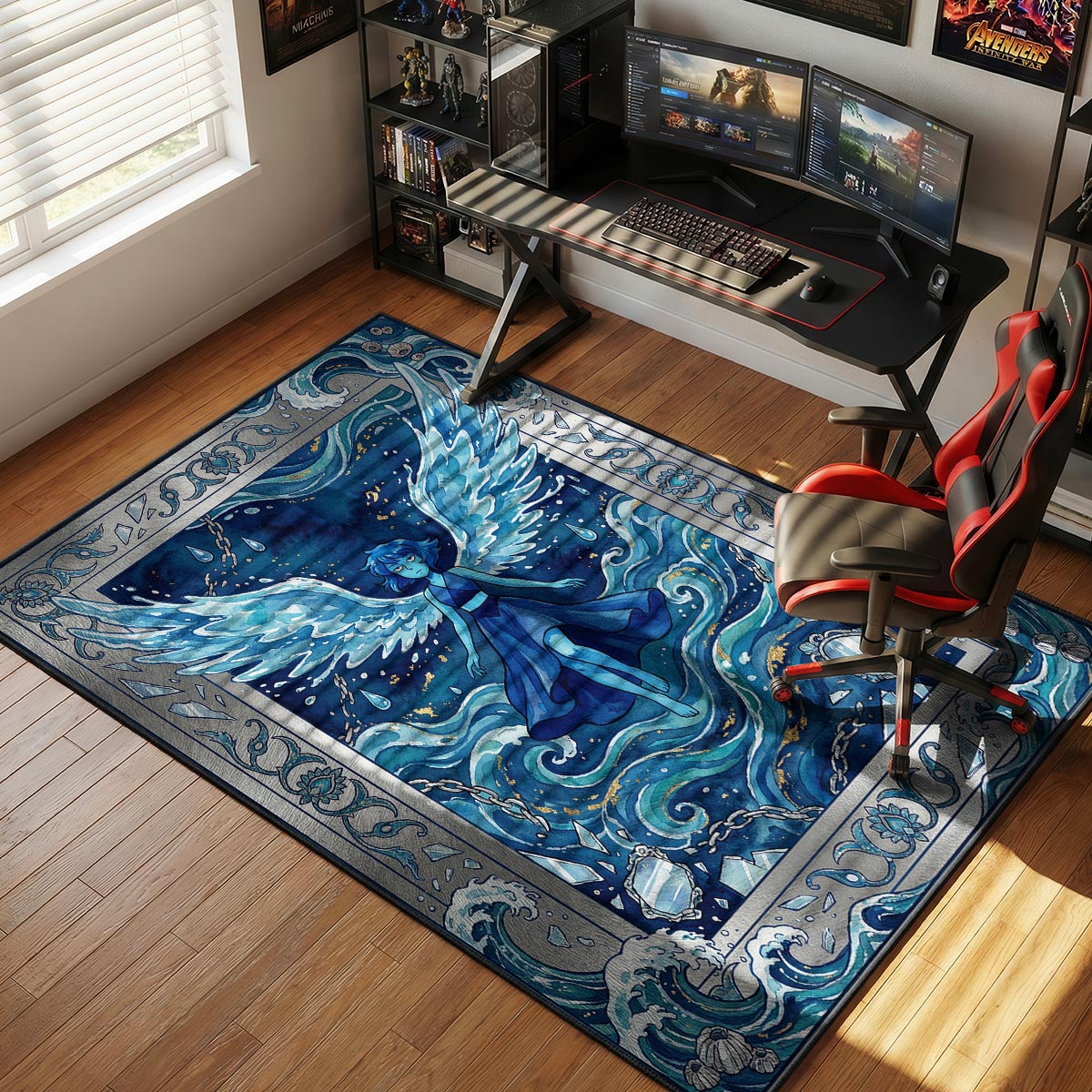 Close-up of Lapis Lazuli rug showing silver border detail and blue fiber texture
