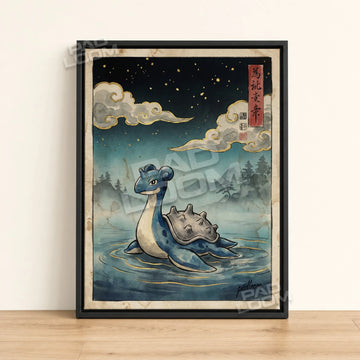Lapras Lake Pokemon poster - framed canvas wall art in a black frame