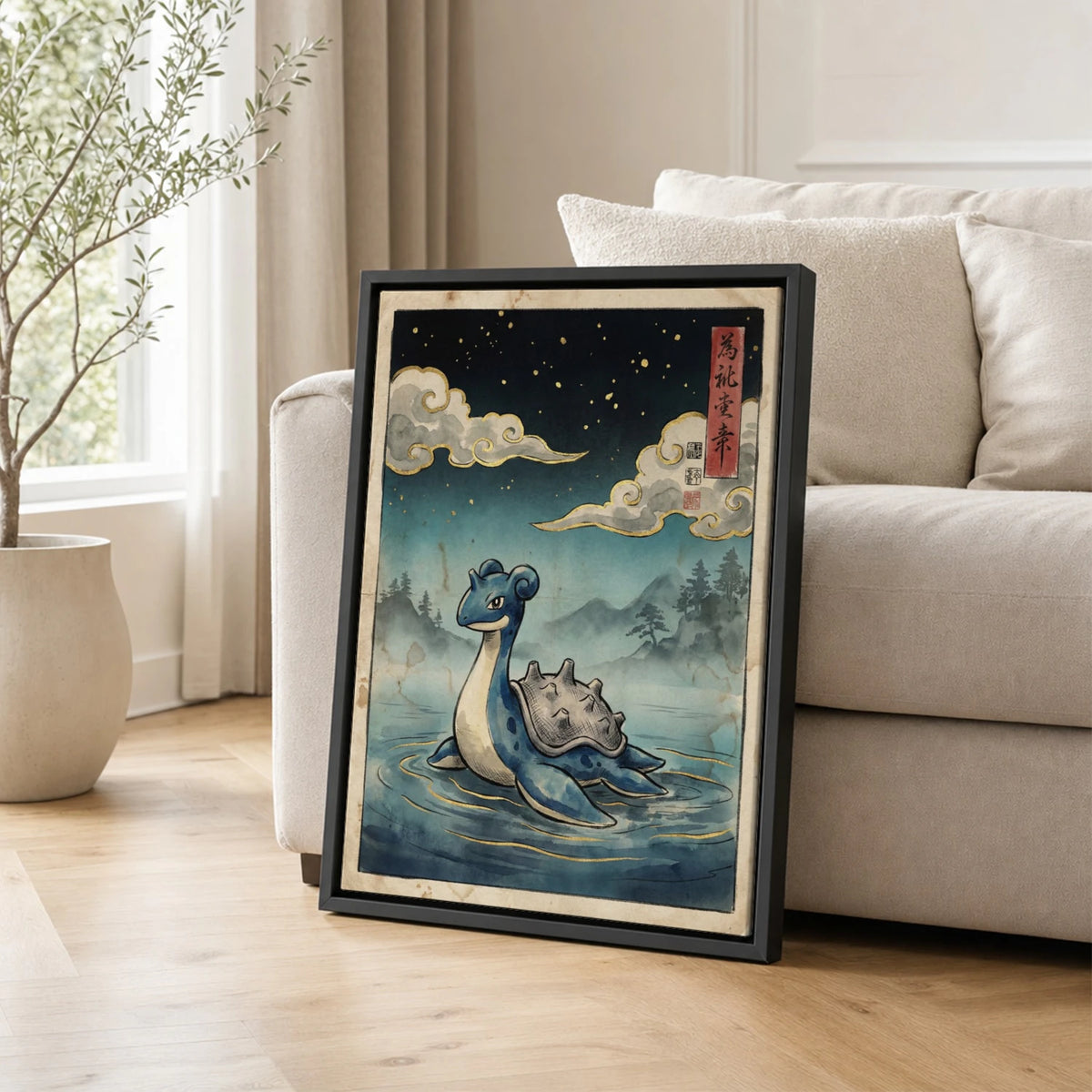 Lapras Lake Pokemon poster leaning beside a sofa - living room wall art