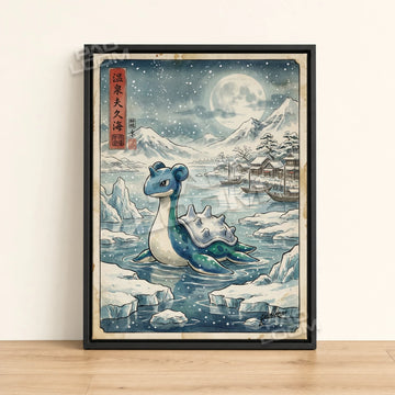 Lapras Snowfall Pokemon poster - framed canvas wall art in a black frame