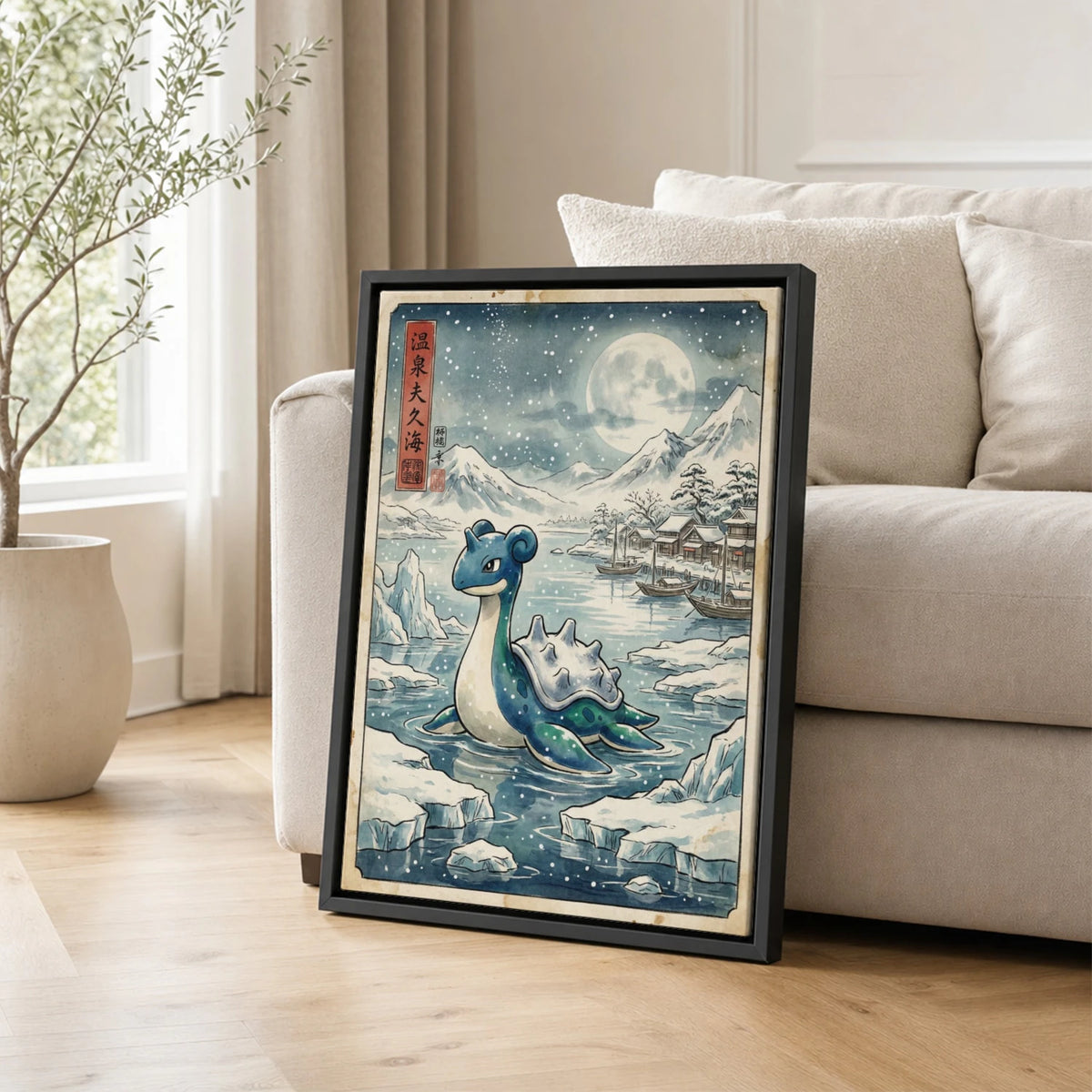 Lapras Snowfall Pokemon poster leaning beside a sofa - living room wall art