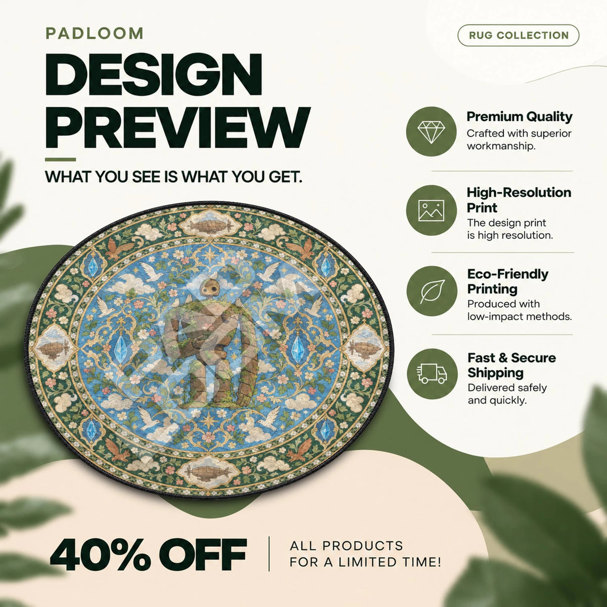 Laputa Robot Mossy Studio Ghibli round rug full design preview