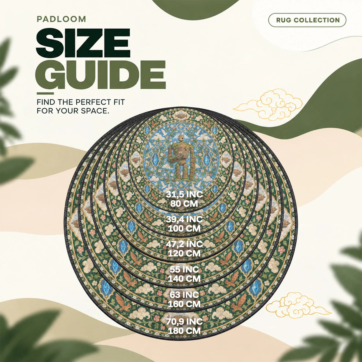 Laputa Robot Mossy round rug size guide, 80 to 180 cm (31.5 to 70.9 in)