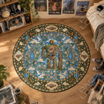 Laputa Robot Mossy Studio Ghibli round rug on a bedroom floor - Studio Ghibli chair mat