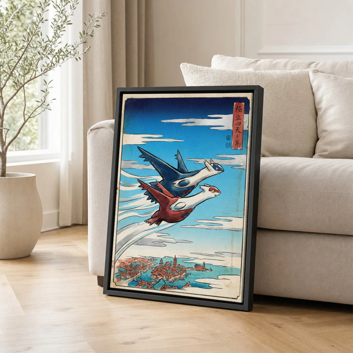 Latios Latias Duo Pokemon poster leaning beside a sofa - living room wall art