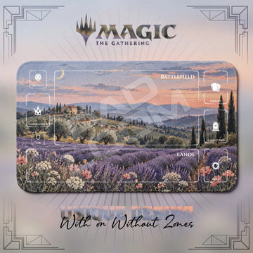 Lavender Dusk MTG playmat, gray and pink art with play zones, 24 x 14 in