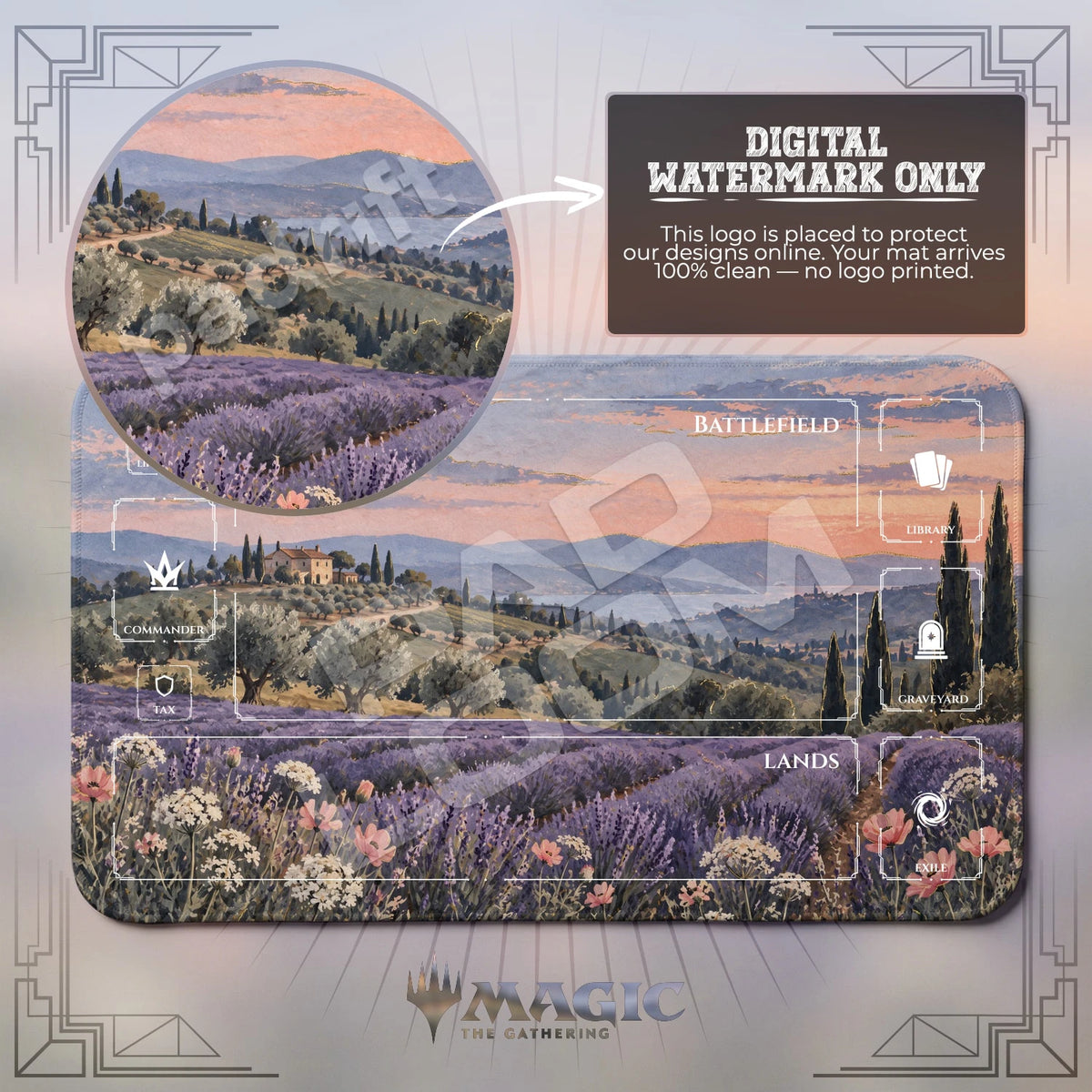 Lavender Dusk MTG playmat with zones; the Padloom watermark is digital only, not printed