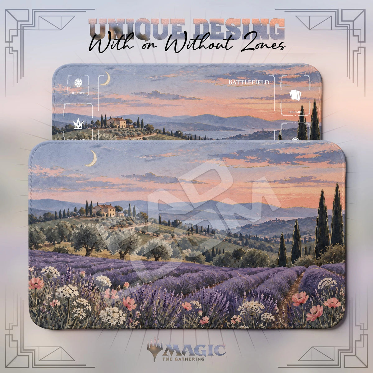 Lavender Dusk MTG playmat shown with zones and without zones