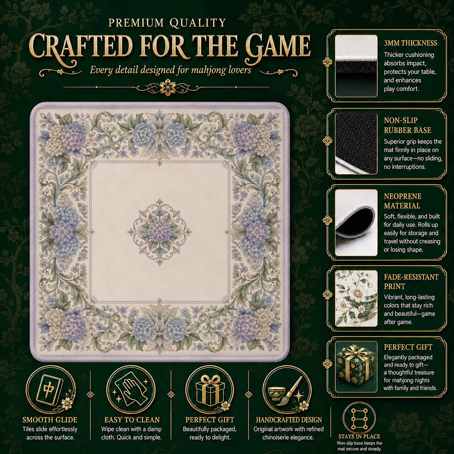 Lavender Hydrangea Mahjong Mat - Mah Jongg Mat