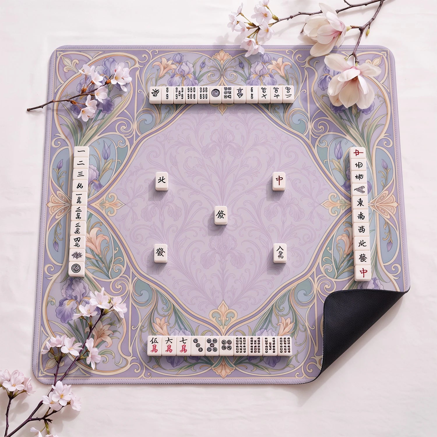 Lavender Iris design close-up on mahjong mat surface