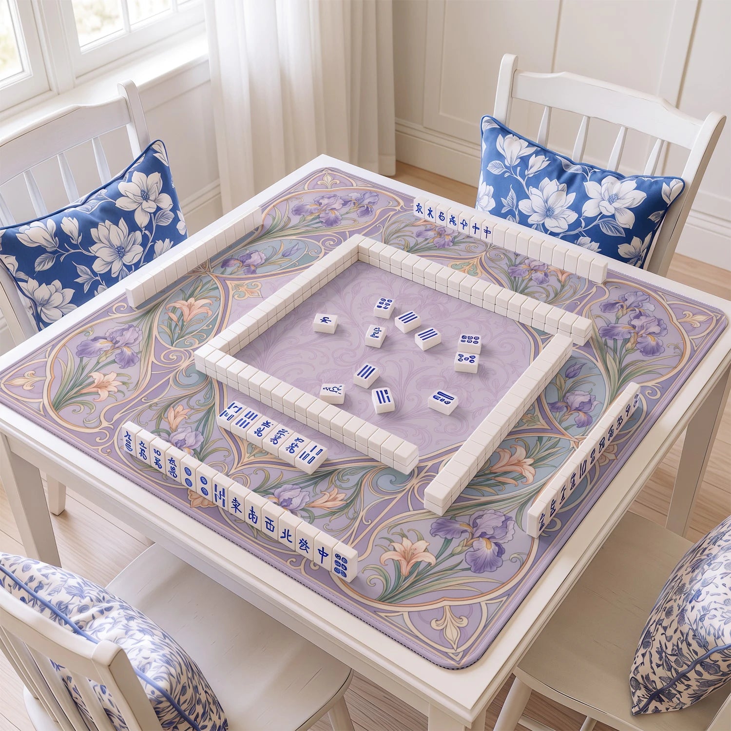 Lavender Iris mahjong mat with tiles and racks on the table