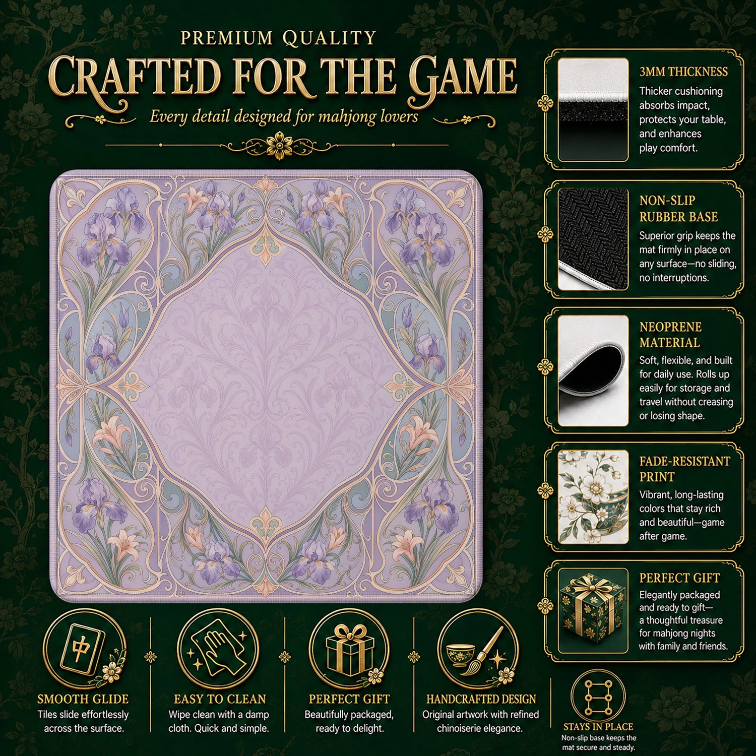 Lavender Iris Mahjong Mat – neoprene mah jongg table mat