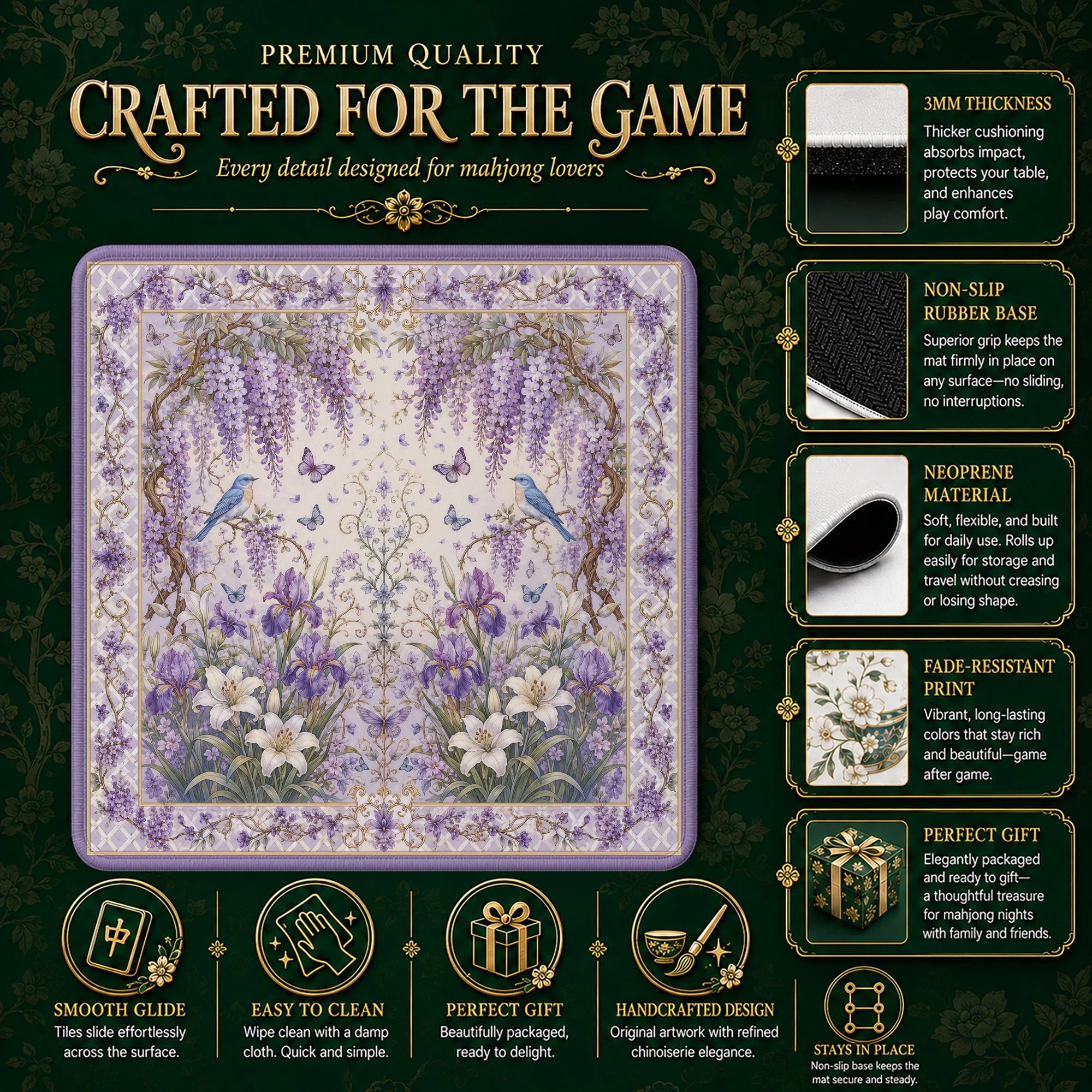 Lavender Wisteria Mahjong Mat - Mah Jongg Table Mat