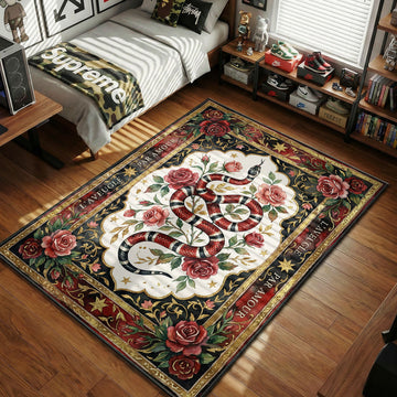 Gucci Style Kingsnake Red Black Floral hypebeast area rug