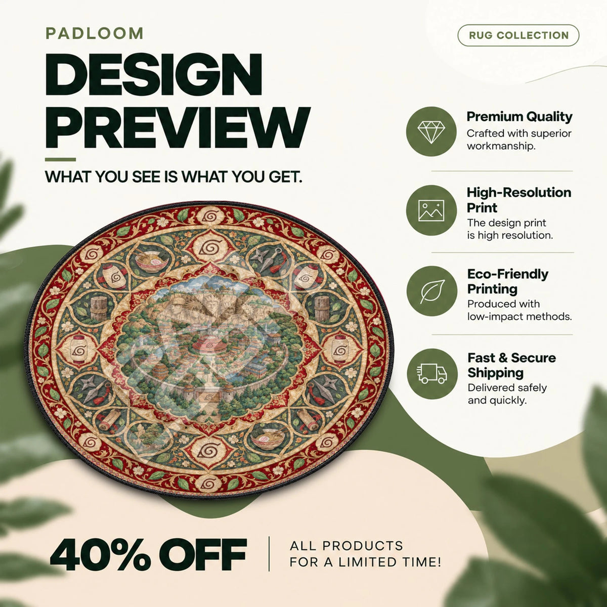 Leaf Village Medallion Naruto round rug full design preview