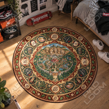Leaf Village Medallion Naruto round rug on a bedroom floor - Naruto chair mat