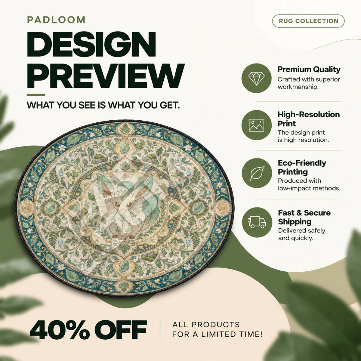 Leafeon Sitting Pokemon round rug full design preview