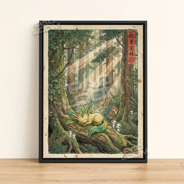 Leafeon Sleeping Pokemon poster - framed canvas wall art in a black frame
