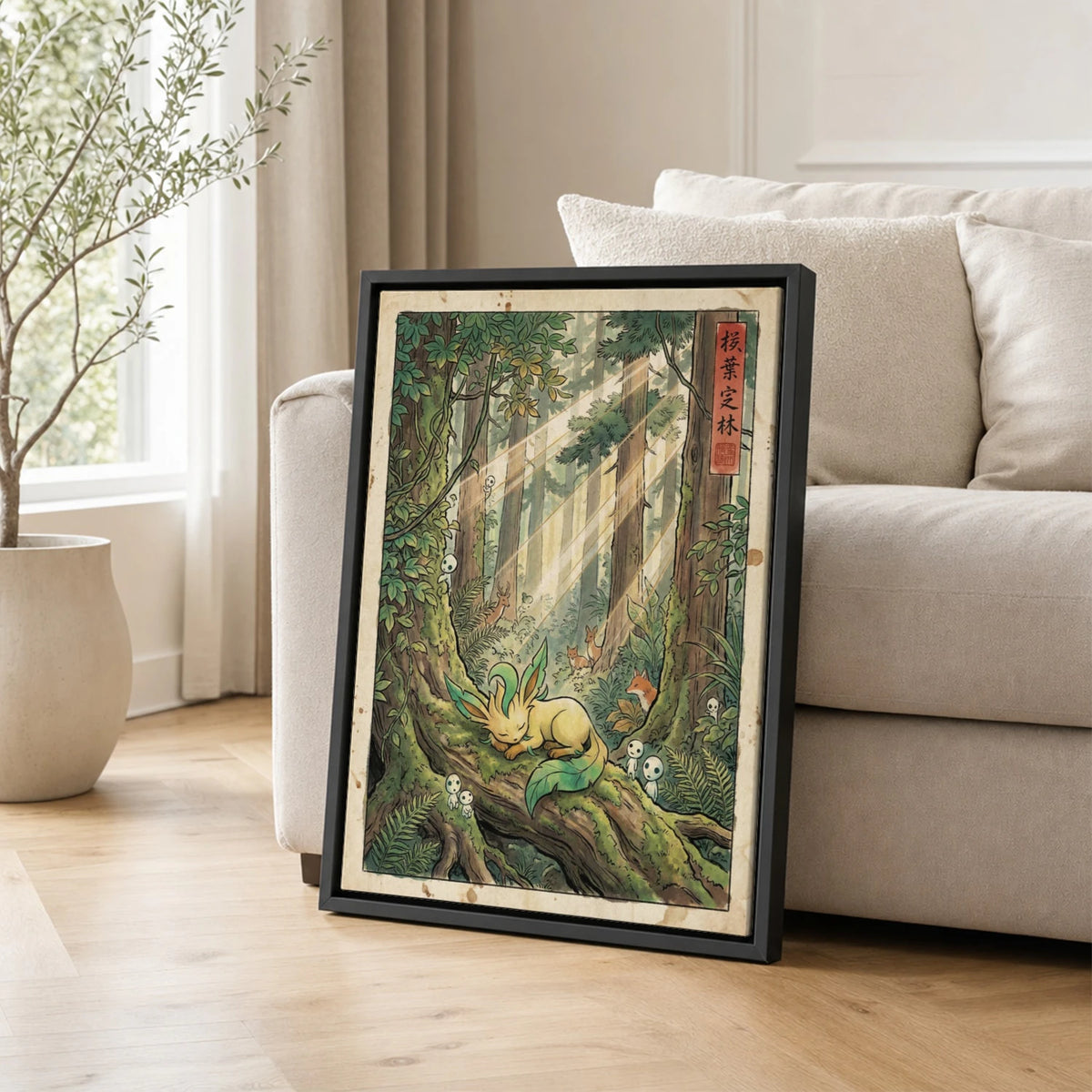 Leafeon Sleeping Pokemon poster leaning beside a sofa - living room wall art