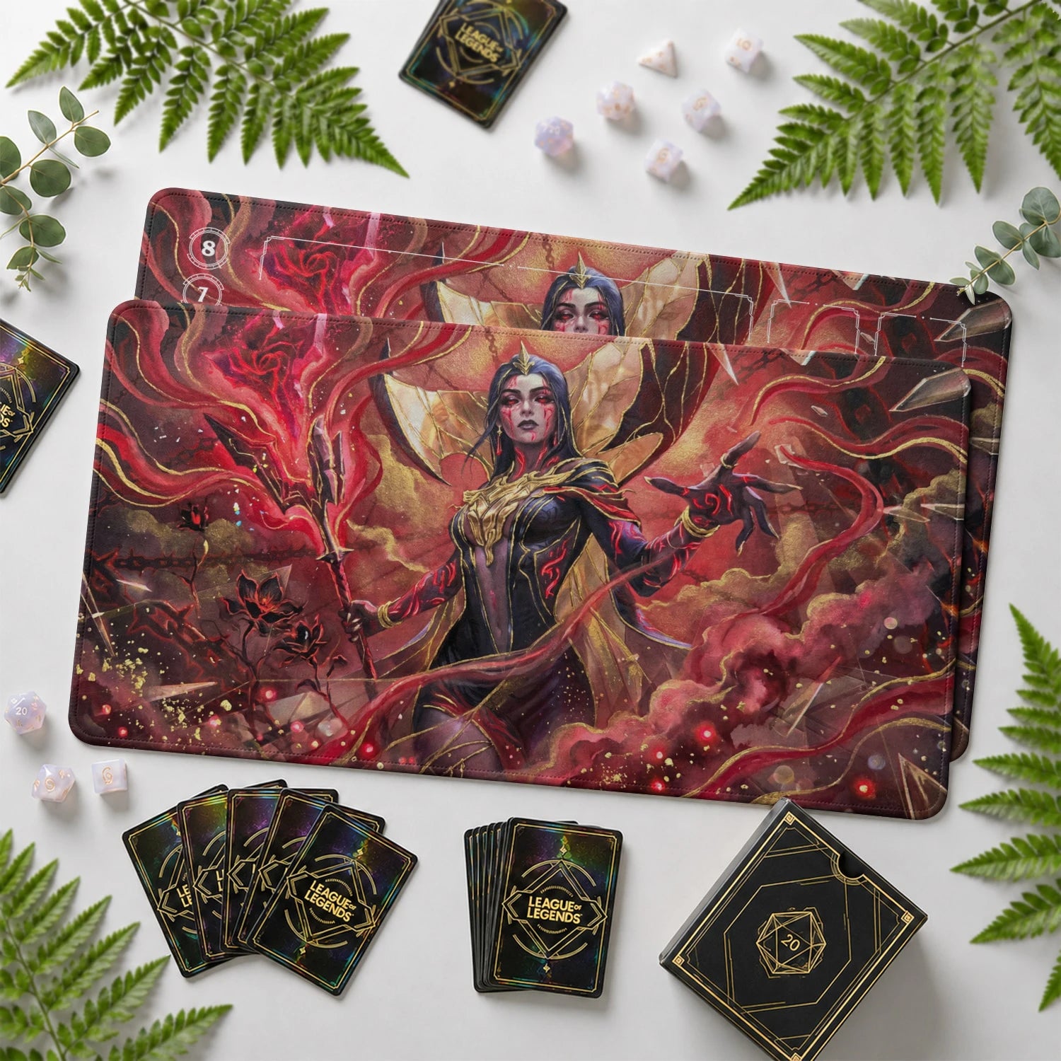 LeBlanc Coven Riftbound TCG playmat with card zones and score track – LoL game mat