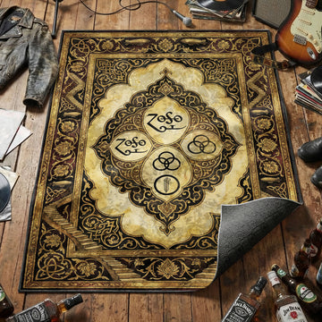 Led Zeppelin four Zoso symbols area rug with zeppelins staircases and Celtic knots on parchment tapestry