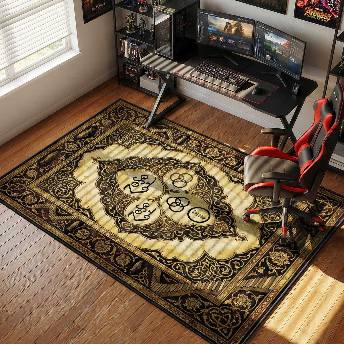 Led Zeppelin classic rock rug placed in a warm study with vintage furniture and book shelves