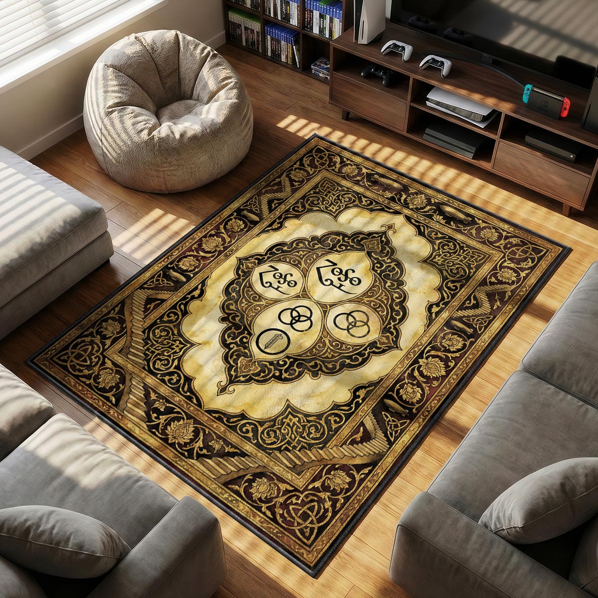 Close-up of Led Zeppelin rug showing Zoso symbol ink detail on aged parchment textured velvet fiber