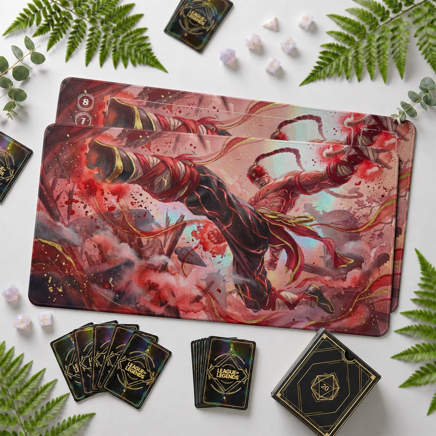 Lee Sin Dragon Riftbound TCG playmat with card zones and score track – LoL game mat
