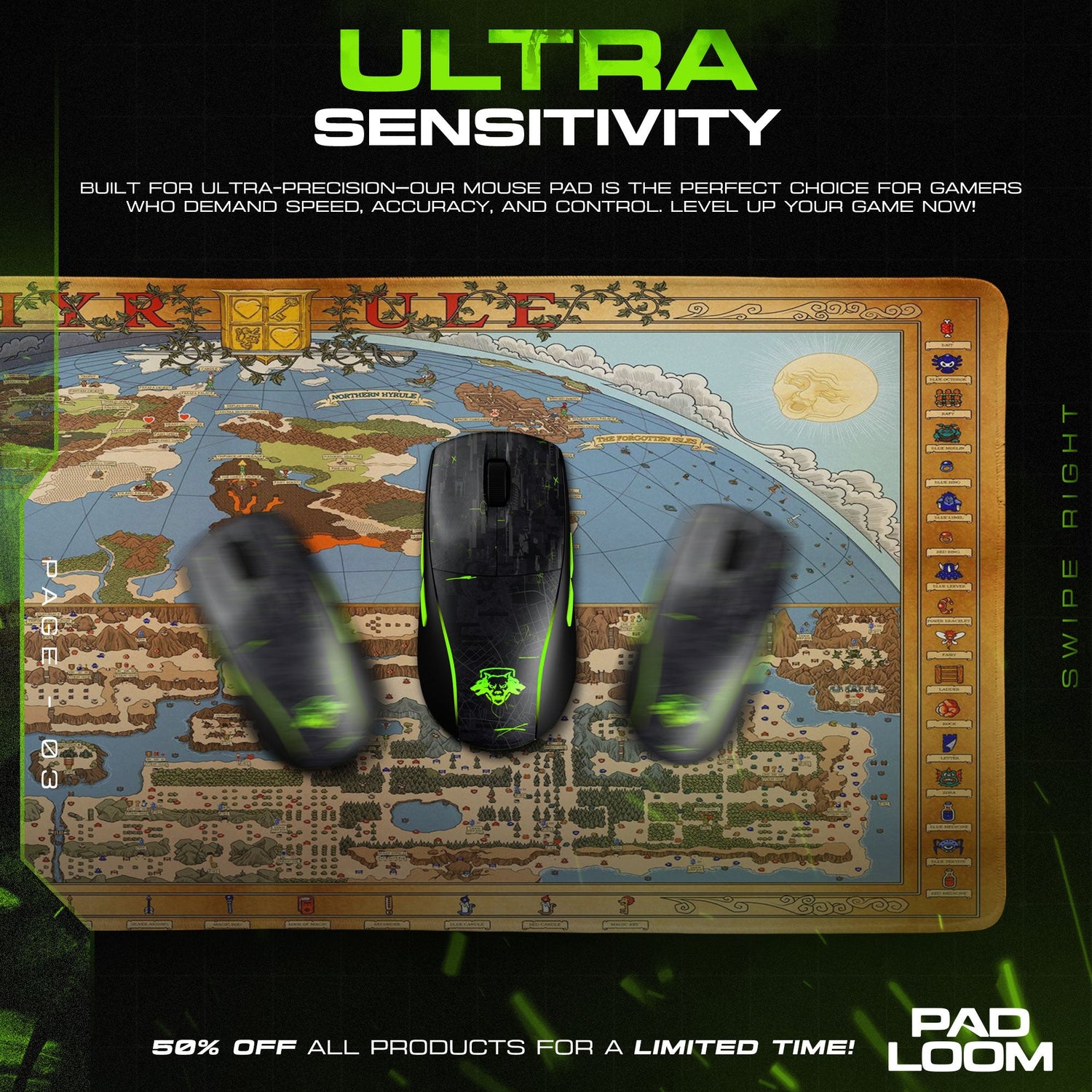 Legend of Zelda Hyrule Map Mouse Pad, Vintage Gamer Desk Mat Padloom