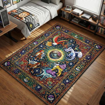 Ho-Oh Lugia Entei Raikou and Suicune surrounding a central Master Ball in intricate Persian art style area rug and floor mat
