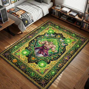 Broly legendary super saiyan green energy swirls and saiyan armor in ornate persian style area rug and floor mat
