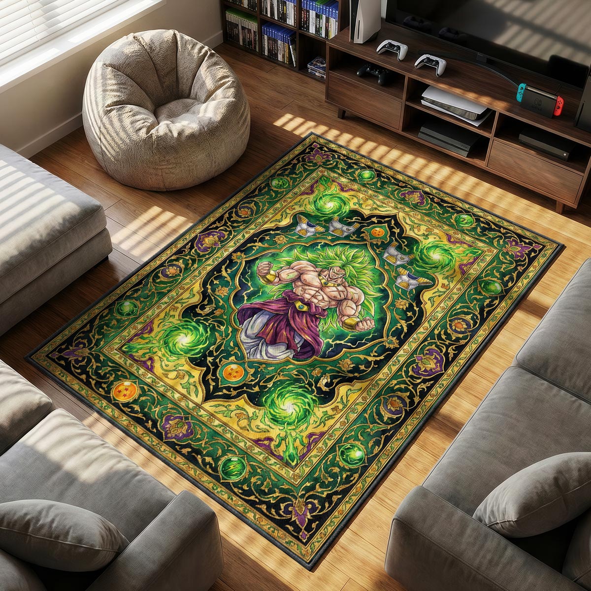 Legendary Broly themed area rug for home decor fans