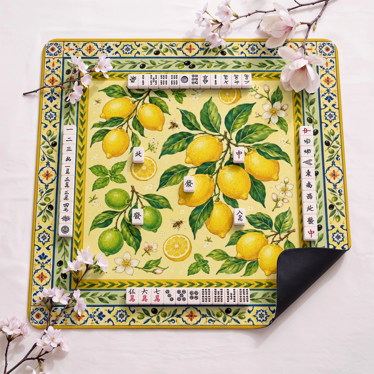 Lemon Grove design close-up on mahjong mat surface