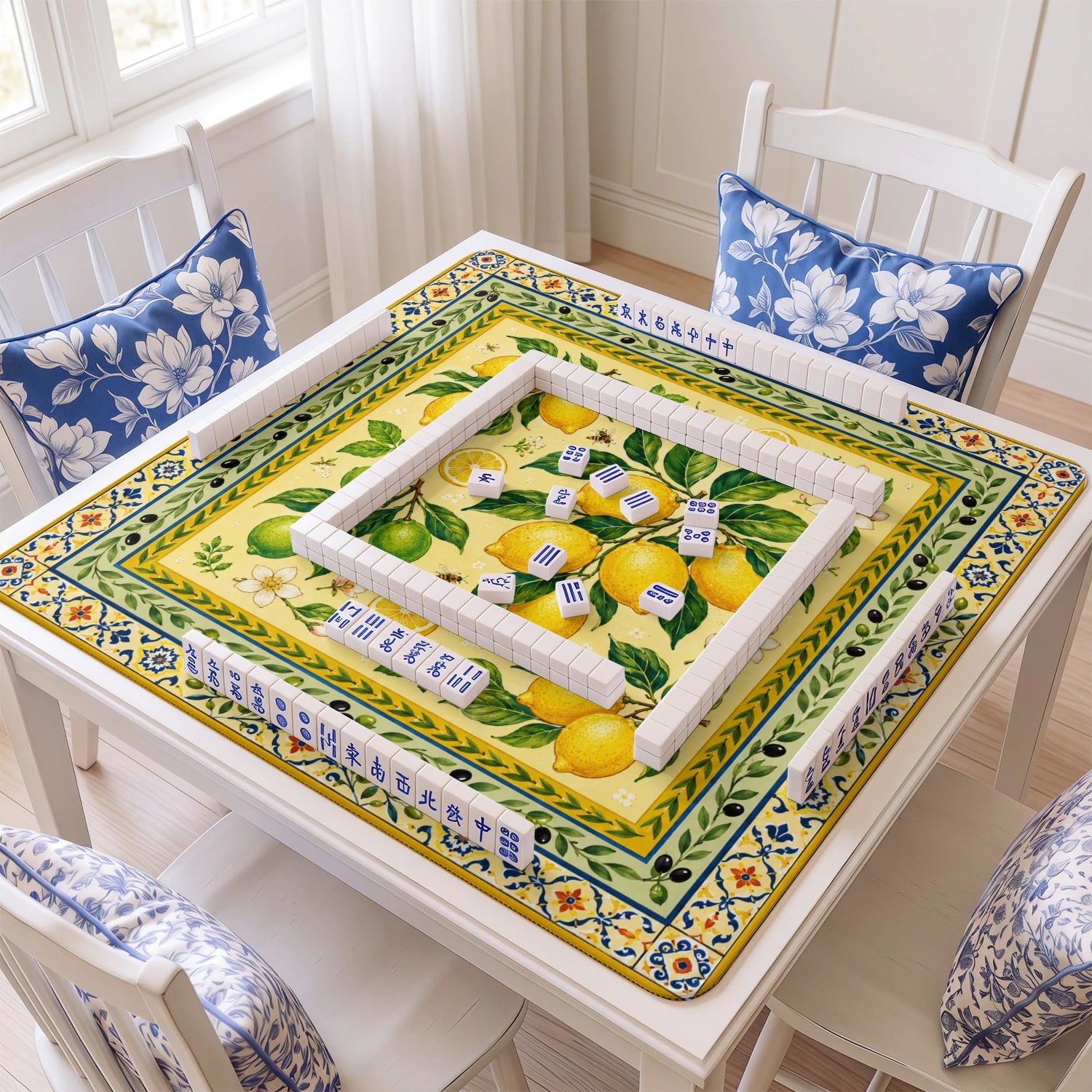 Lemon Grove mahjong mat with tiles and racks on the table