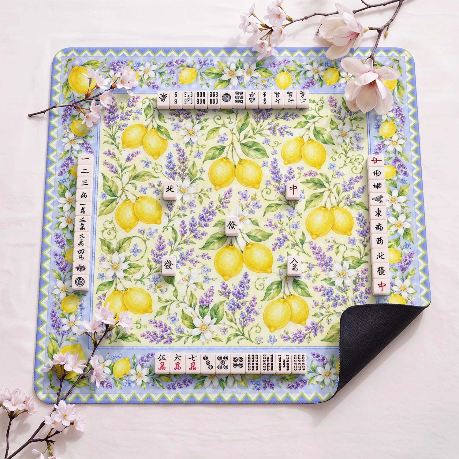 Lemon Lavender design close-up on mahjong mat surface