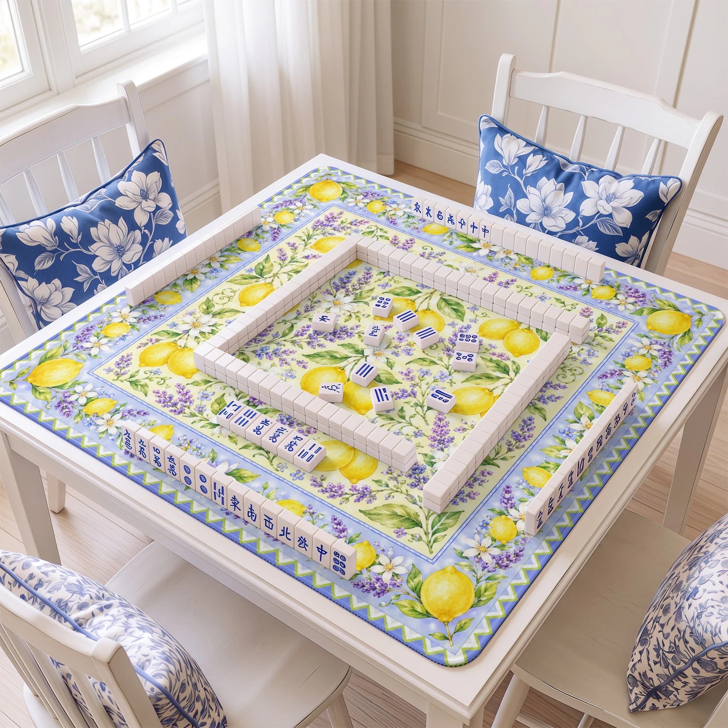 Lemon Lavender mahjong mat with tiles and racks on the table