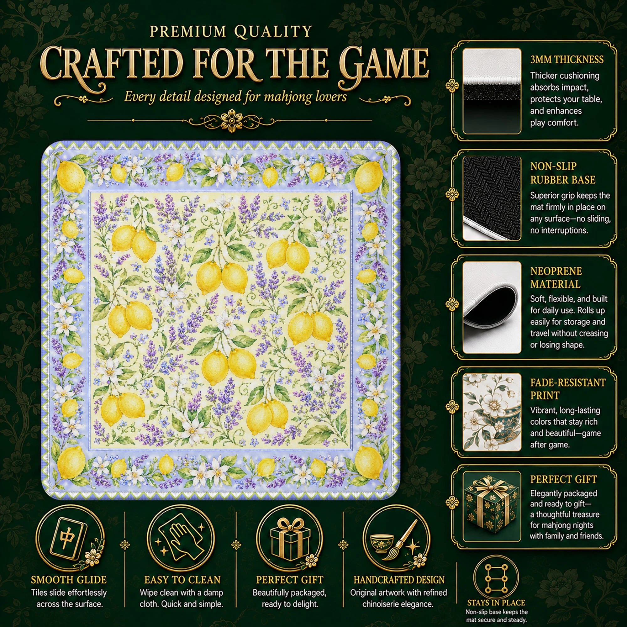 Lemon Lavender Mahjong Mat – neoprene mah jongg table mat