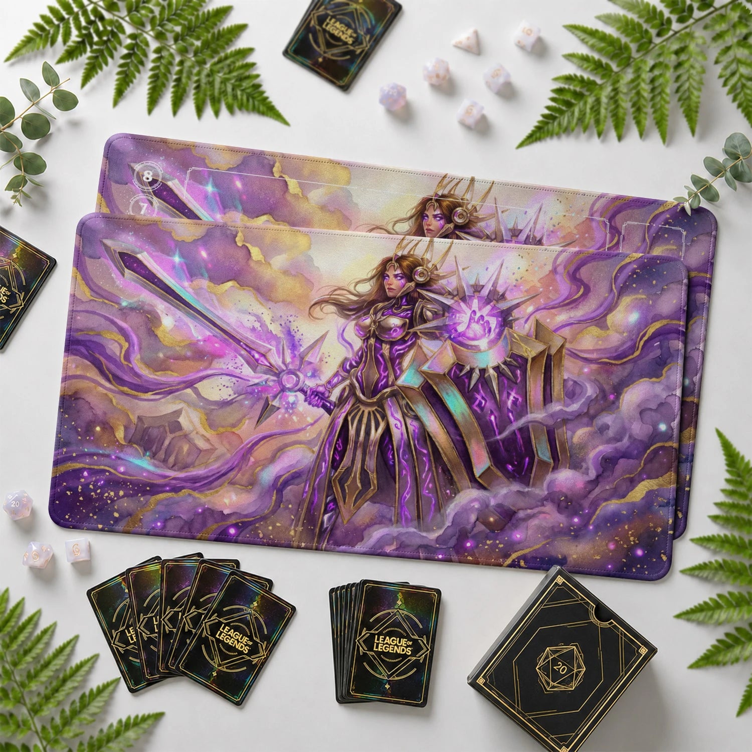 Leona Eclipse Riftbound TCG playmat with card zones and score track – LoL game mat