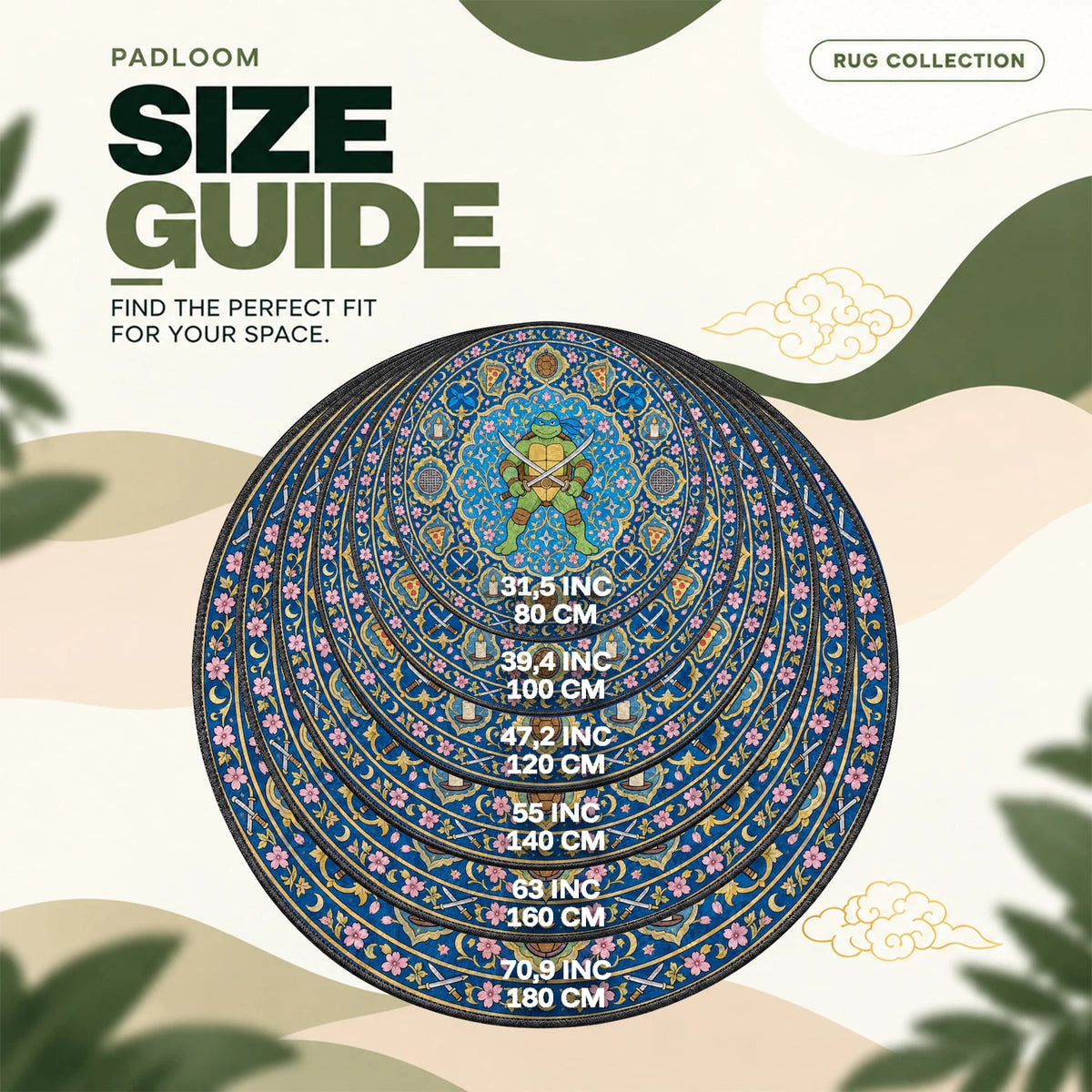 Leonardo Katana round rug size guide, 80 to 180 cm (31.5 to 70.9 in)