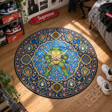 Leonardo Katana TMNT round rug on a bedroom floor - Ninja Turtles chair mat