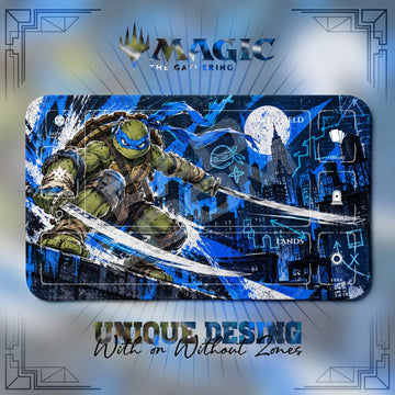 Leonardo Rooftop TMNT MTG playmat, blue and navy art with play zones, 24 x 14 in