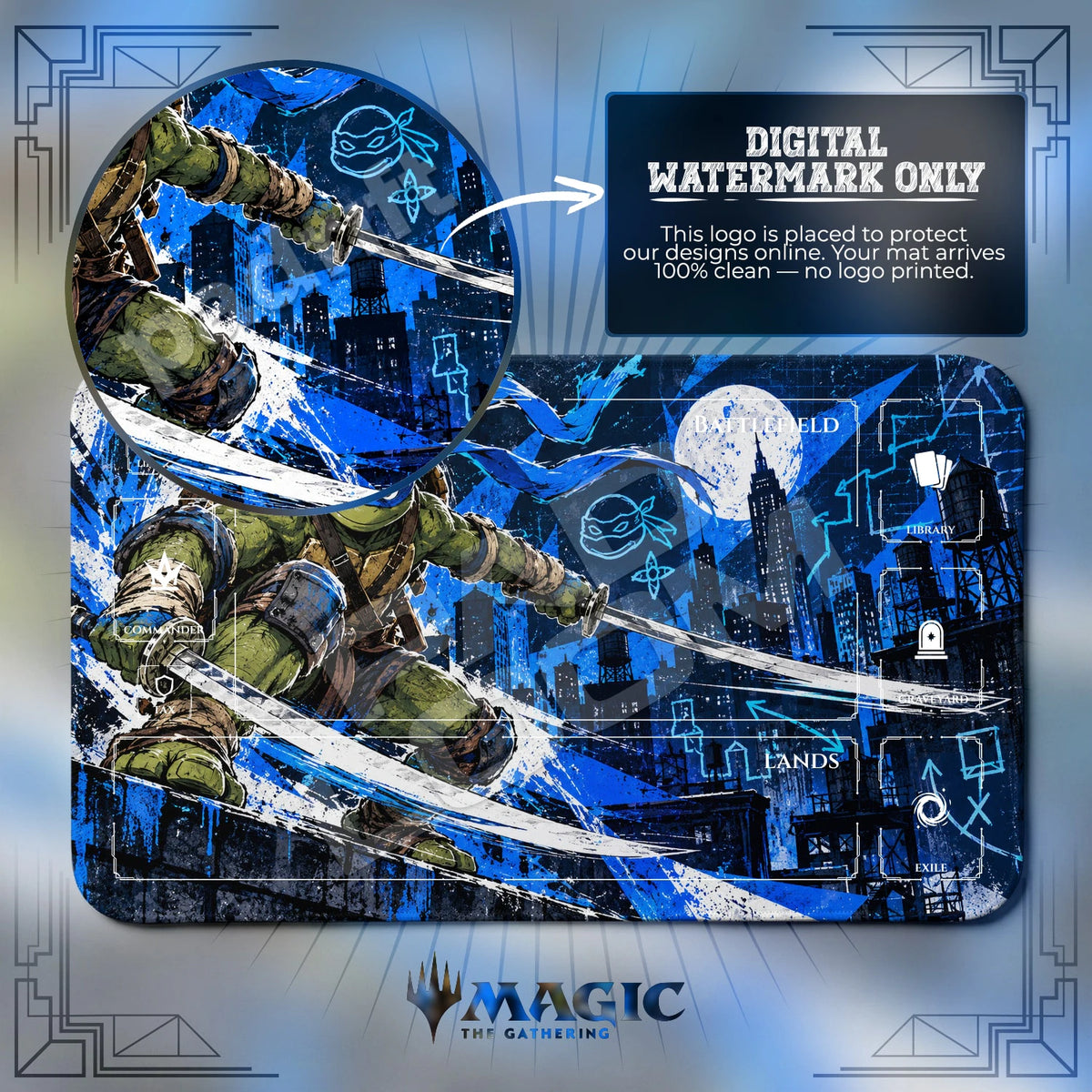 Leonardo Rooftop TMNT MTG playmat with zones; the Padloom watermark is digital only, not printed